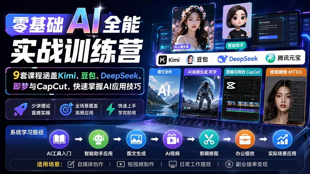 零基础AI全能实战训练营：9套课程涵盖Kimi、豆包、DeepSeek、即梦与CapCut，快速掌握AI应用技巧 一点学习助手-零基础自学教程-副业项目-兴趣学习-网盘拉新平台-英语启蒙项目资源网