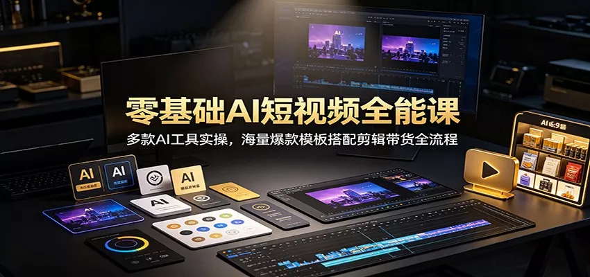 零基础AI短视频全能课：多款AI工具实操，海量爆款模板搭配剪辑带货全流程 一点学习助手-零基础自学教程-副业项目-兴趣学习-网盘拉新平台-英语启蒙项目资源网