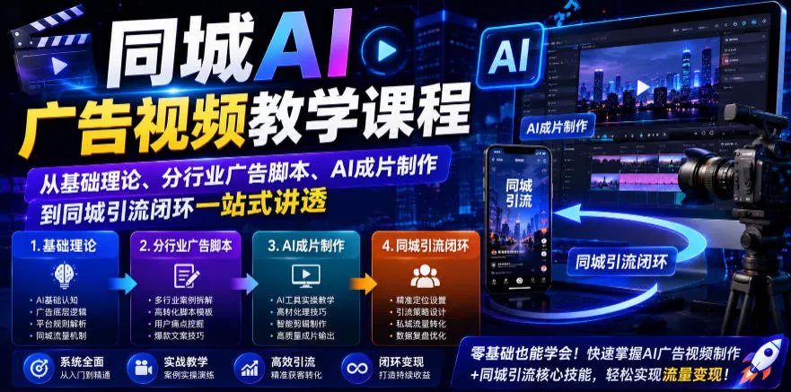 同城AI广告视频教学课程，从基础理论、分行业广告脚本、AI成片制作到同城引流闭环一站式讲透 一点学习助手-零基础自学教程-副业项目-兴趣学习-网盘拉新平台-英语启蒙项目资源网
