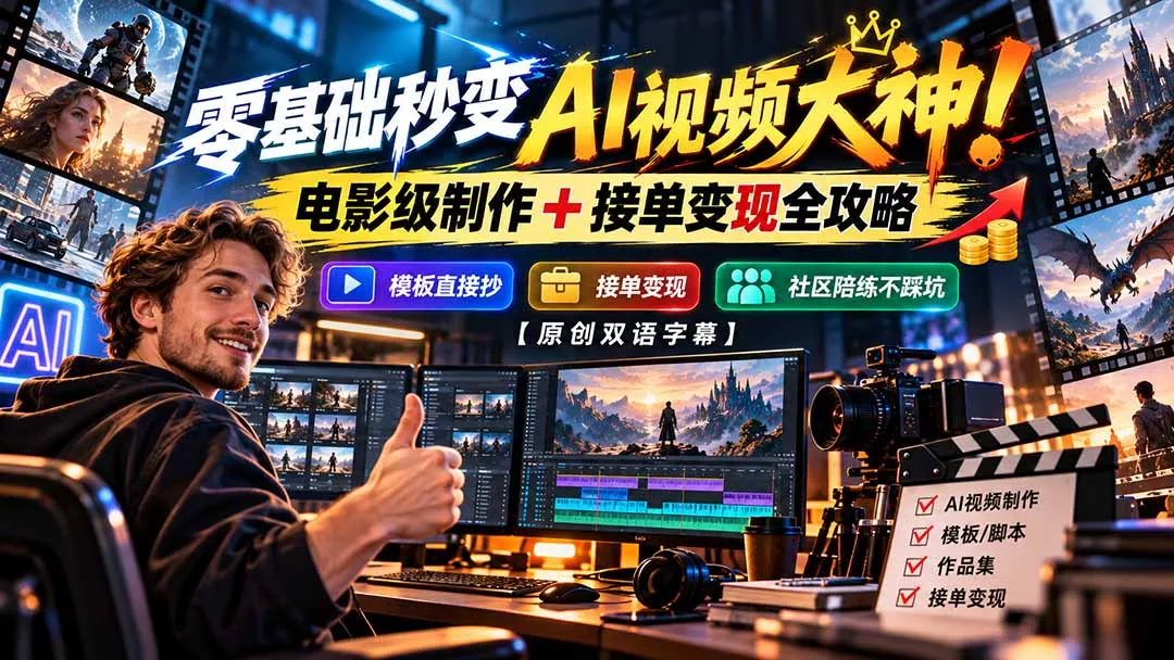 零基础秒变AI视频大神！电影级制作 + 接单变现全攻略，模板直接抄，社区陪练不踩坑【原创双语字幕】 一点学习助手-零基础自学教程-副业项目-兴趣学习-网盘拉新平台-英语启蒙项目资源网