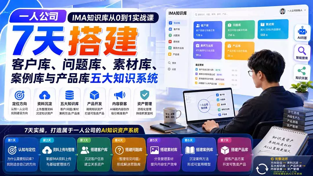 一人公司IMA知识库从0到1实战课：7天搭建客户库、问题库、素材库、案例库与产品库五大知识系统 一点学习助手-零基础自学教程-副业项目-兴趣学习-网盘拉新平台-英语启蒙项目资源网