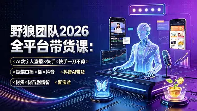 野狼团队2026全平台带货课-7月：AI数字人直播×快手一刀不剪×蝴蝶口播×抖音AI带货×树苗剧情智剪×聚宝盆 一点学习助手-零基础自学教程-副业项目-兴趣学习-网盘拉新平台-英语启蒙项目资源网