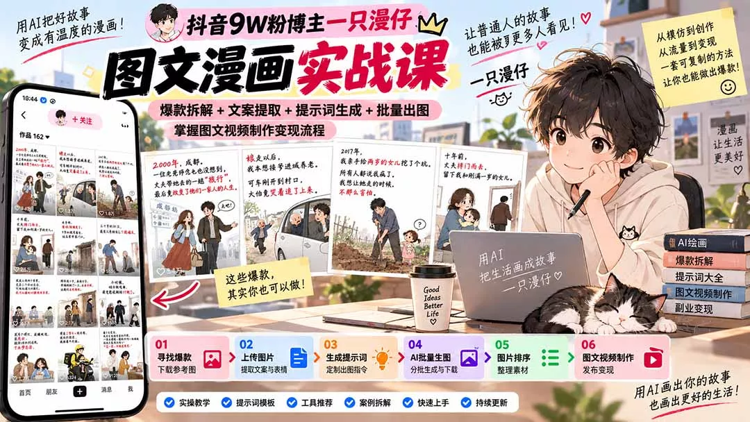 抖音9W粉博主一只漫仔图文漫画课：爆款拆解+文案提取+提示词生成+批量出图，掌握图文视频制作变现流程 一点学习助手-零基础自学教程-副业项目-兴趣学习-网盘拉新平台-英语启蒙项目资源网