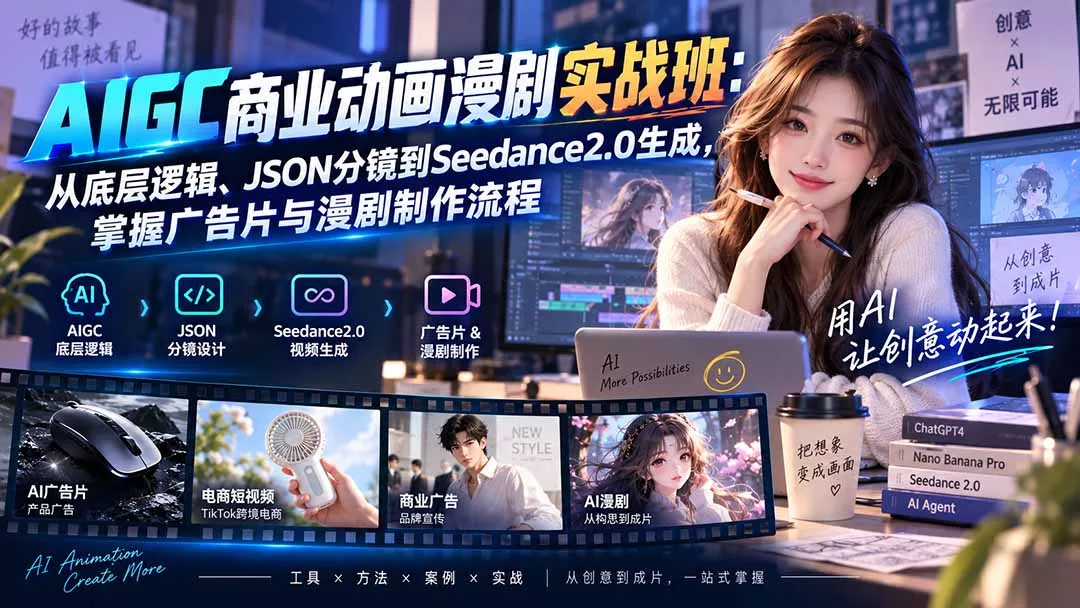 AIGC商业动画漫剧实战班-更新：从底层逻辑、JSON分镜到Seedance2.0生成，掌握广告片与漫剧制作流程 一点学习助手-零基础自学教程-副业项目-兴趣学习-网盘拉新平台-英语启蒙项目资源网