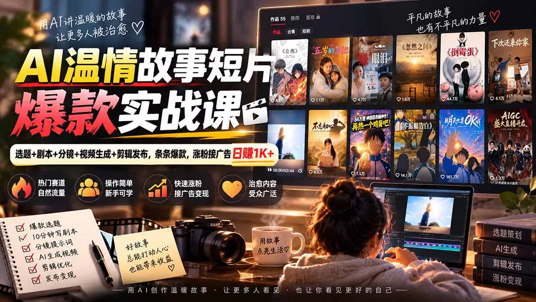 AI温情故事短片爆款实战课-更新｜选题+剧本+分镜+视频生成+剪辑发布，条条爆款，涨粉接广告日赚1K+