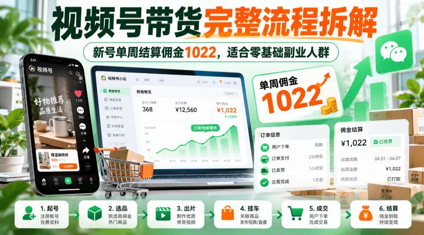 视频号带货完整流程拆解，新号单周结算佣金1022，适合零基础副业人群 一点学习助手-零基础自学教程-副业项目-兴趣学习-网盘拉新平台-英语启蒙项目资源网