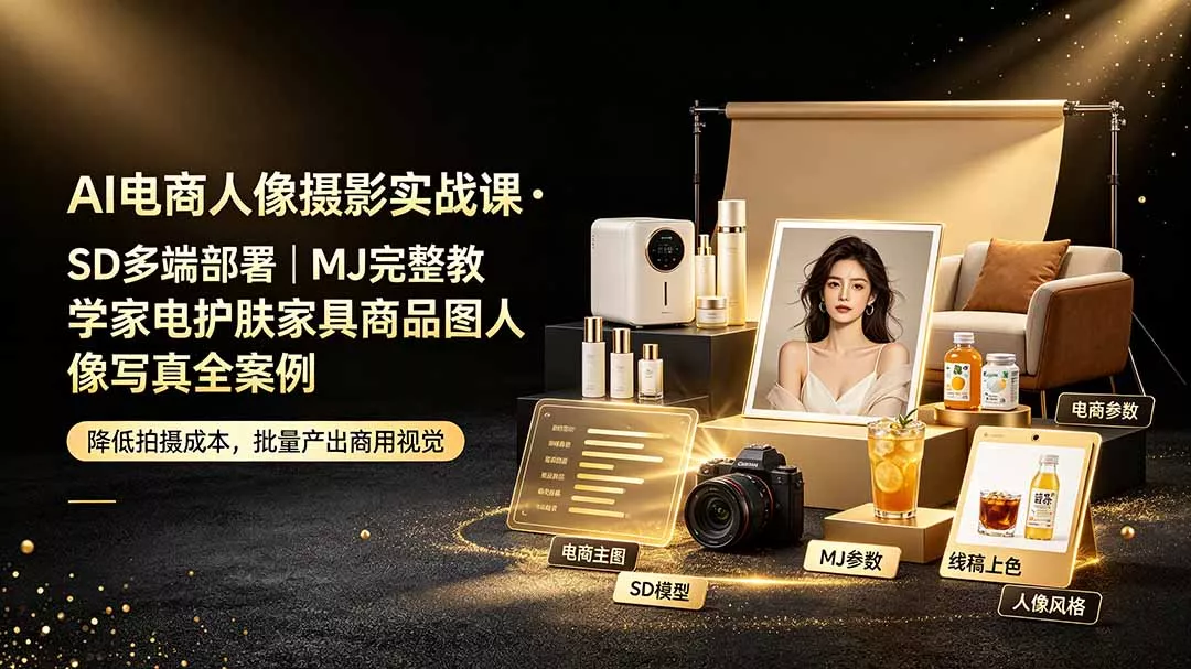 AI电商人像摄影实战课·SD多端部署｜MJ完整教学｜家电护肤家具商品图人像写真全案例 一点学习助手-零基础自学教程-副业项目-兴趣学习-网盘拉新平台-英语启蒙项目资源网