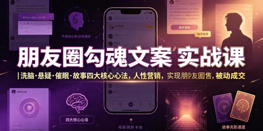 朋友圈勾魂文案实战课｜洗脑·悬疑·催眠·故事四大核心心法，吃透人性营销，实现朋友圈不销而售被动成交 一点学习助手-零基础自学教程-副业项目-兴趣学习-网盘拉新平台-英语启蒙项目资源网