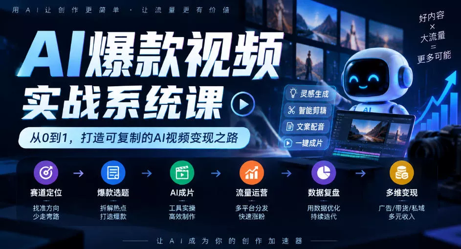 AI爆款视频实战系统课｜赛道定位、爆款选题、AI成片、流量运营、数据复盘、多维变现全链路教学 一点学习助手-零基础自学教程-副业项目-兴趣学习-网盘拉新平台-英语启蒙项目资源网