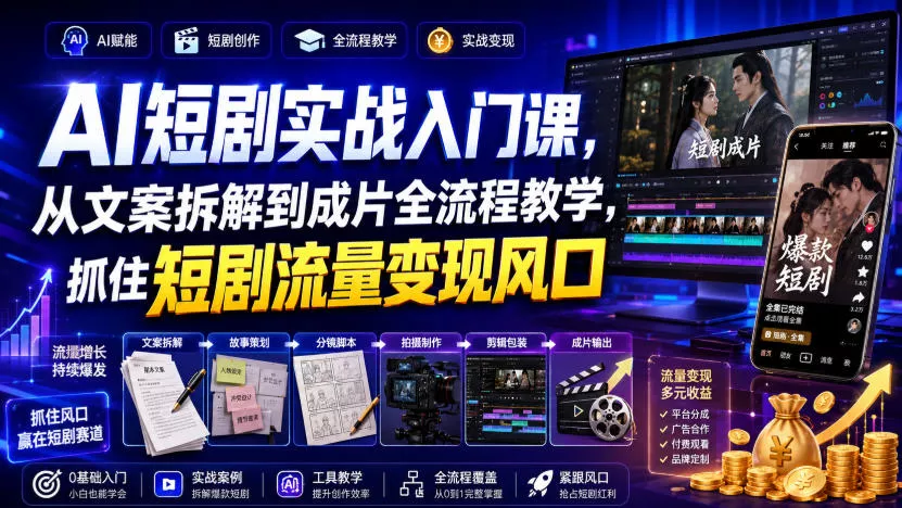 AI短剧实战入门课，从文案拆解到成片全流程教学，抓住短剧流量变现风口 一点学习助手-零基础自学教程-副业项目-兴趣学习-网盘拉新平台-英语启蒙项目资源网