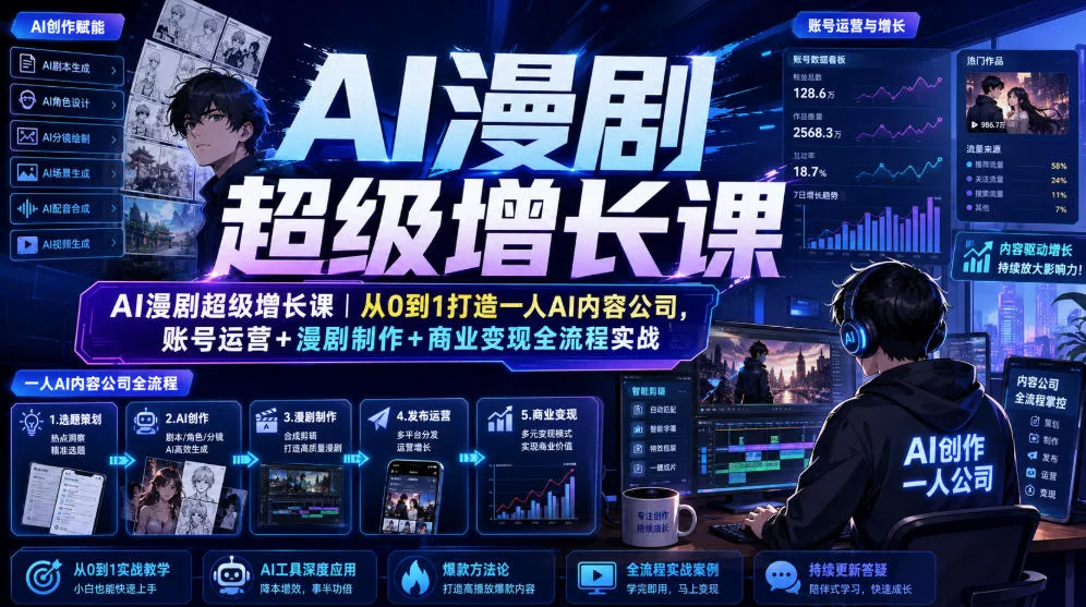 AI漫剧超级增长课｜从0到1打造一人AI内容公司，账号运营+漫剧制作+商业变现全流程实战 一点学习助手-零基础自学教程-副业项目-兴趣学习-网盘拉新平台-英语启蒙项目资源网