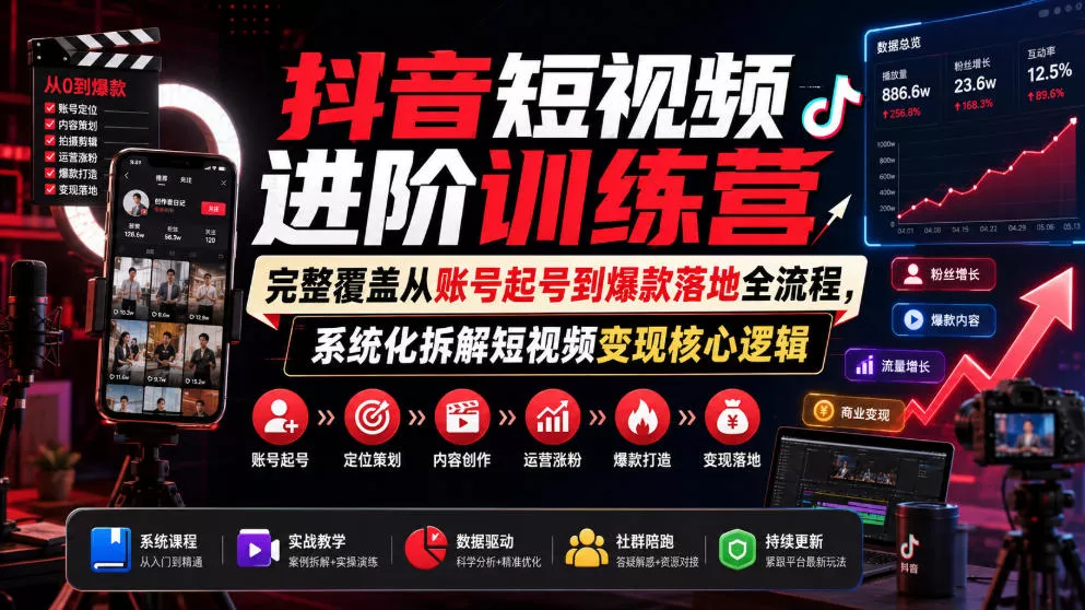 抖音短视频进阶训练营，完整覆盖从账号起号到爆款落地全流程，系统化拆解短视频变现核心逻辑 一点学习助手-零基础自学教程-副业项目-兴趣学习-网盘拉新平台-英语启蒙项目资源网