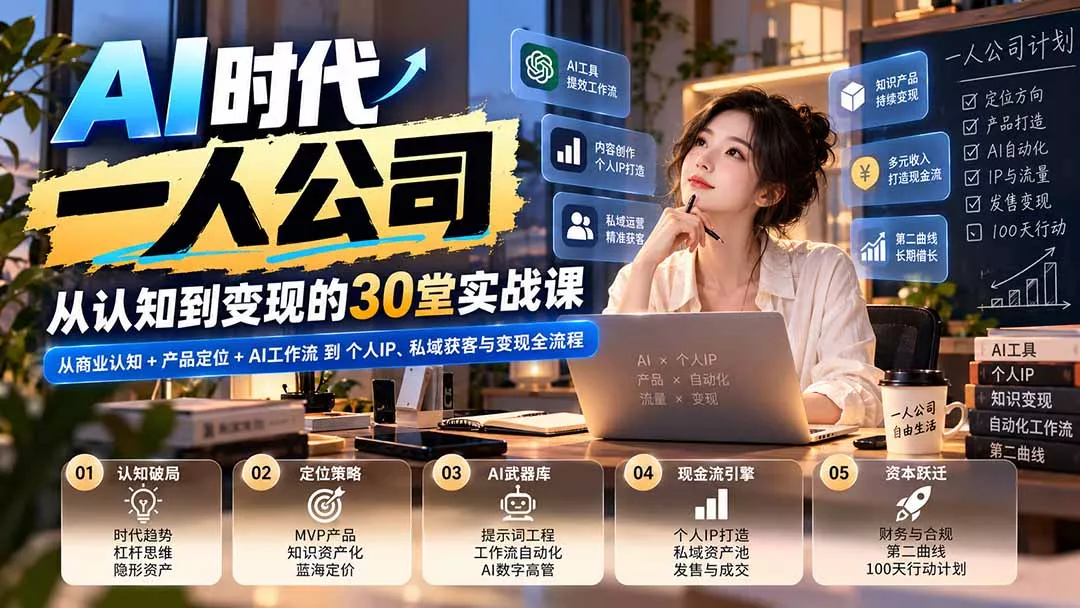 【无水印】AI时代一人公司30堂实战课：从商业认知+产品定位+AI工作流到个人IP、私域获客与变现全流程 一点学习助手-零基础自学教程-副业项目-兴趣学习-网盘拉新平台-英语启蒙项目资源网