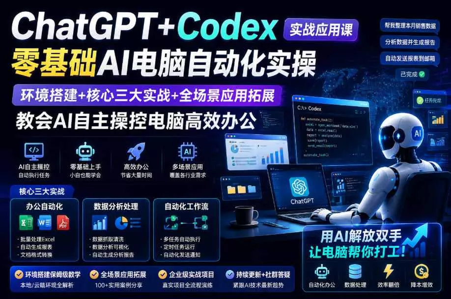 ChatGPT+Codex实战应用课｜零基础AI电脑自动化实操，环境搭建+核心三大实战+全场景应用拓展，教会AI自主操控电脑高效办公 一点学习助手-零基础自学教程-副业项目-兴趣学习-网盘拉新平台-英语启蒙项目资源网