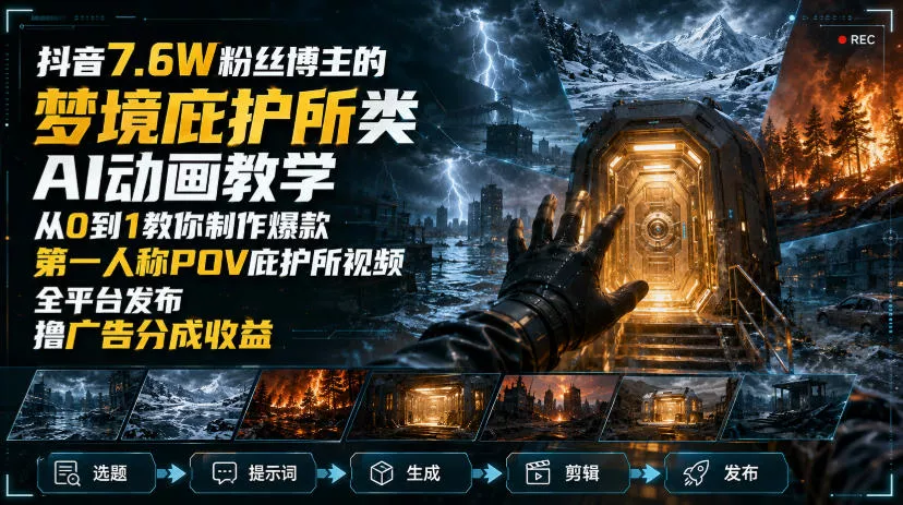 抖音7.6W粉丝博主的梦境庇护所类AI动画教学，从0到1教你制作爆款第一人称POV庇护所视频，全平台发布撸广告分成收益 一点学习助手-零基础自学教程-副业项目-兴趣学习-网盘拉新平台-英语启蒙项目资源网