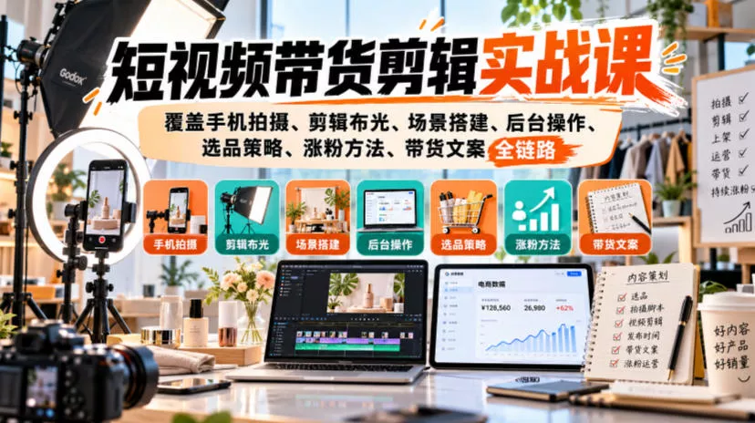 短视频带货剪辑实战课，覆盖手机拍摄、剪辑布光、场景搭建、后台操作、选品策略、涨粉方法、带货文案全链路 一点学习助手-零基础自学教程-副业项目-兴趣学习-网盘拉新平台-英语启蒙项目资源网