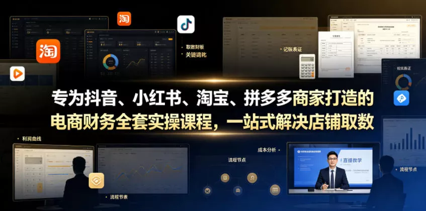 专为抖音、小红书、淘宝、拼多多商家打造的电商财务全套实操课程，一站式解决店铺取数、记账、报税全流程难题 一点学习助手-零基础自学教程-副业项目-兴趣学习-网盘拉新平台-英语启蒙项目资源网