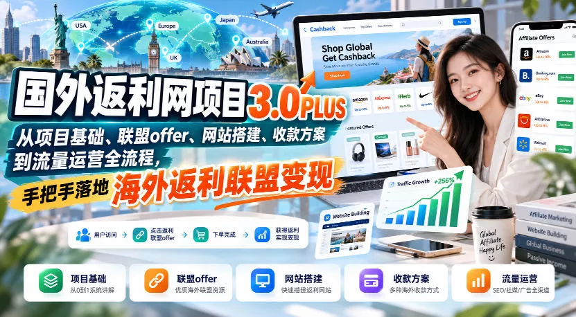 国外返利网项目3.0PLUS，从项目基础、联盟offer、网站搭建、收款方案到流量运营全流程，手把手落地海外返利联盟变现 一点学习助手-零基础自学教程-副业项目-兴趣学习-网盘拉新平台-英语启蒙项目资源网