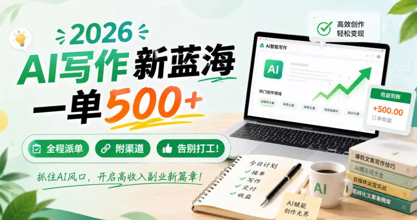 2026 AI写作新蓝海，一单500+，全程派单，附渠道，告别打工！【揭秘】 一点学习助手-零基础自学教程-副业项目-兴趣学习-网盘拉新平台-英语启蒙项目资源网