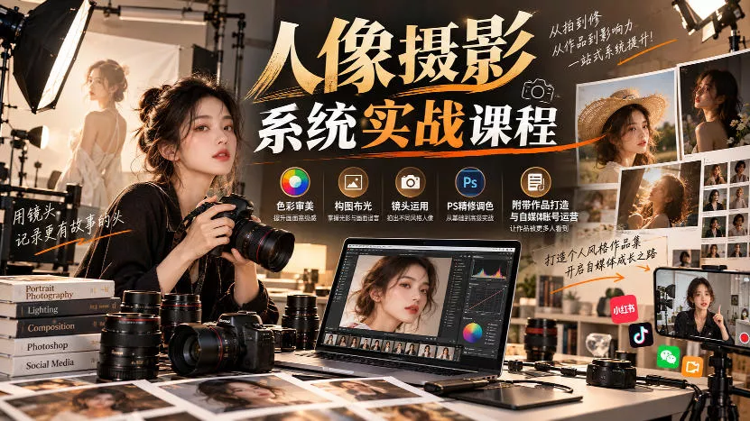 【无水印】人像摄影系统实战课程，色彩审美、构图布光、镜头运用、PS精修调色，附带作品打造与自媒体账号运营 一点学习助手-零基础自学教程-副业项目-兴趣学习-网盘拉新平台-英语启蒙项目资源网