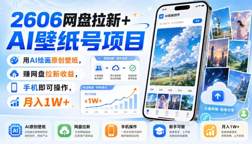 2606网盘拉新+AI壁纸号项目，用AI绘画原创壁纸，賺网盘拉新收益，手机即可操作，月入1W+ 一点学习助手-零基础自学教程-副业项目-兴趣学习-网盘拉新平台-英语启蒙项目资源网