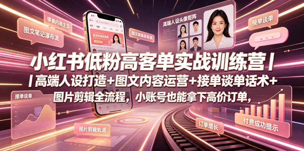 小红书低粉高客单实战训练营｜高端人设打造+图文内容运营+接单谈单话术+图片剪辑全流程，小账号也能拿下高价订单 一点学习助手-零基础自学教程-副业项目-兴趣学习-网盘拉新平台-英语启蒙项目资源网
