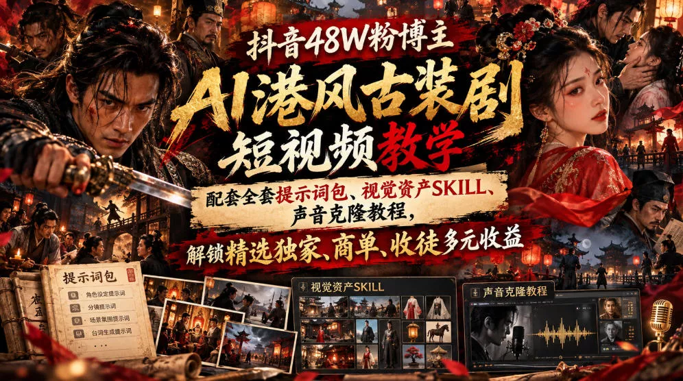 抖音48W粉博主AI港风古装剧短视频教学，配套全套提示词包、视觉资产SKILL、声音克隆教程，解锁精选独家、商单、收徒多元收益 一点学习助手-零基础自学教程-副业项目-兴趣学习-网盘拉新平台-英语启蒙项目资源网