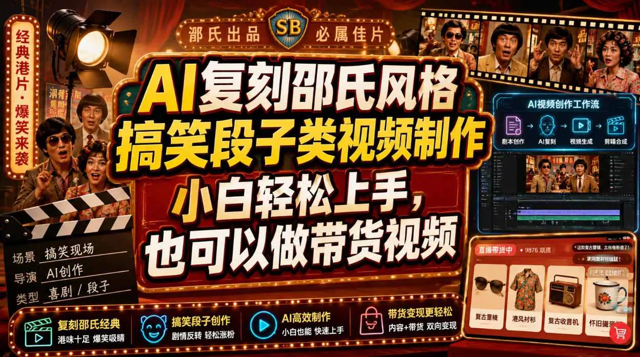 AI复刻邵氏风格搞笑段子类视频制作，小白轻松上手，也可以做带货视频 一点学习助手-零基础自学教程-副业项目-兴趣学习-网盘拉新平台-英语启蒙项目资源网