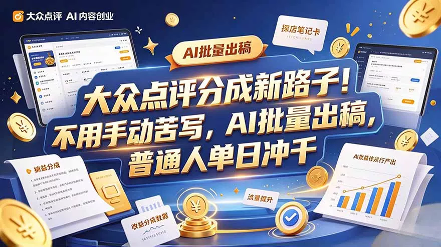 大众点评副业新玩法，工具提效解放双手，批量做笔记，单日可破千 一点学习助手-零基础自学教程-副业项目-兴趣学习-网盘拉新平台-英语启蒙项目资源网