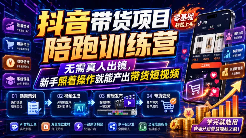 抖音带货项目陪跑训练营，无需真人出镜，新手照着操作就能产出带货短视频(更新0811) 一点学习助手-零基础自学教程-副业项目-兴趣学习-网盘拉新平台-英语启蒙项目资源网