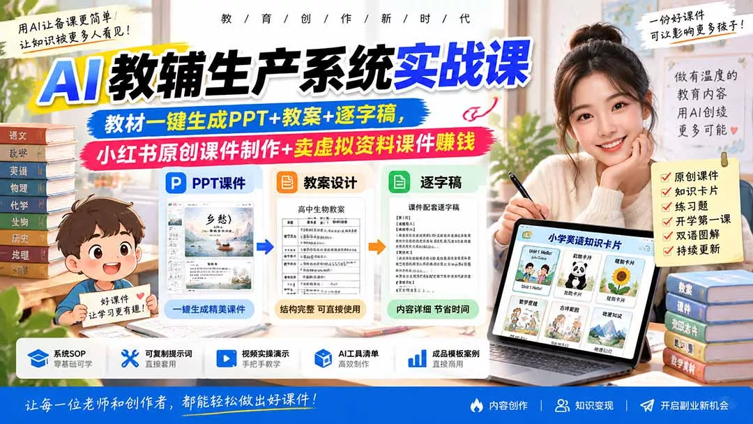 AI教辅生产系统实战课｜教材一键生成PPT+教案+逐字稿，小红书原创课件制作+卖虚拟资料课件赚钱 一点学习助手-零基础自学教程-副业项目-兴趣学习-网盘拉新平台-英语启蒙项目资源网
