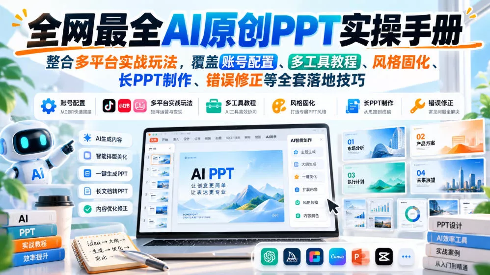全网最全AI原创PPT实操手册，整合多平台实战玩法，覆盖账号配置、多工具教程、风格固化、长PPT制作、错误修正等全套落地技巧 一点学习助手-零基础自学教程-副业项目-兴趣学习-网盘拉新平台-英语启蒙项目资源网