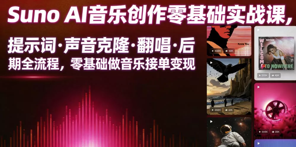 Suno AI音乐创作实战课，提示词・声音克隆・翻唱・后期全流程，零基础做音乐接单变现 一点学习助手-零基础自学教程-副业项目-兴趣学习-网盘拉新平台-英语启蒙项目资源网