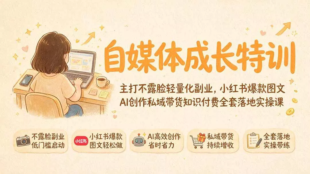 自媒体成长特训｜主打不露脸轻量化副业，小红书爆款图文AI创作私域带货知识付费全套落地实操课 一点学习助手-零基础自学教程-副业项目-兴趣学习-网盘拉新平台-英语启蒙项目资源网