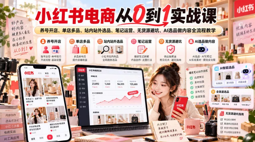 小红书电商从0到1实战课｜养号开店、单店多品、站内站外选品、笔记运营、无货源避坑、AI选品做内容全流程教学 一点学习助手-零基础自学教程-副业项目-兴趣学习-网盘拉新平台-英语启蒙项目资源网