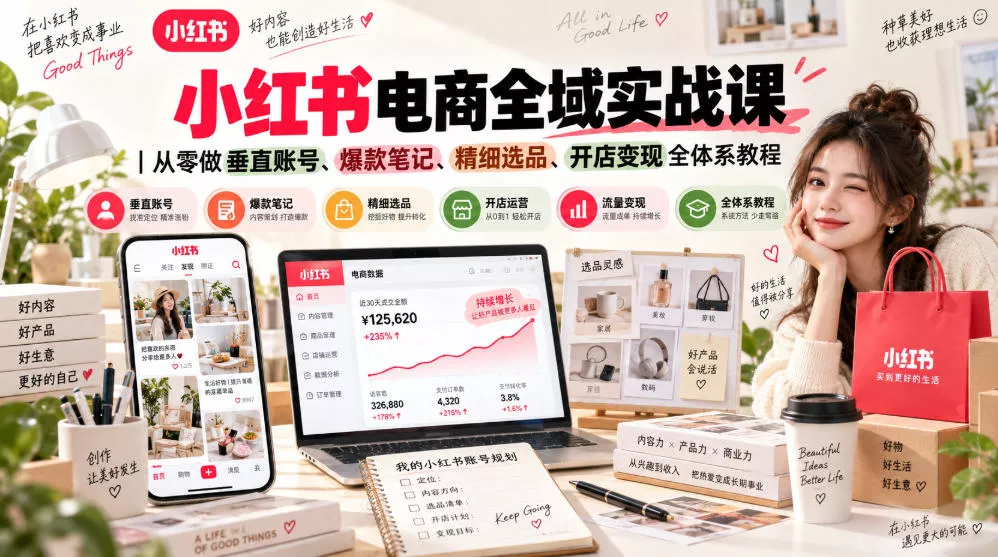 小红书电商全域实战课｜从零做垂直账号、爆款笔记、精细选品、开店变现全体系教程 一点学习助手-零基础自学教程-副业项目-兴趣学习-网盘拉新平台-英语启蒙项目资源网