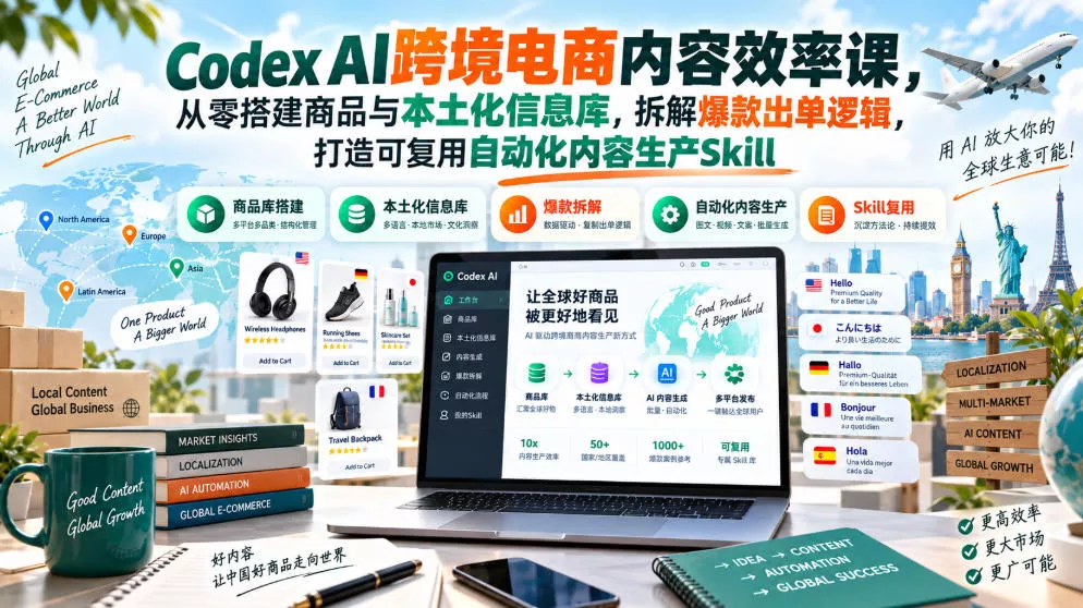 Codex AI跨境电商内容效率课，从零搭建商品与本土化信息库，拆解爆款出单逻辑，打造可复用自动化内容生产Skill 一点学习助手-零基础自学教程-副业项目-兴趣学习-网盘拉新平台-英语启蒙项目资源网