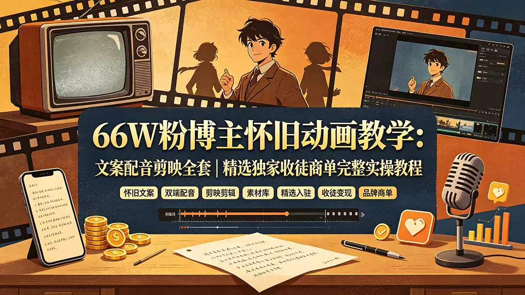 66W粉博主怀旧动画教学：文案配音剪映全套｜精选独家收徒商单完整实操教程 一点学习助手-零基础自学教程-副业项目-兴趣学习-网盘拉新平台-英语启蒙项目资源网