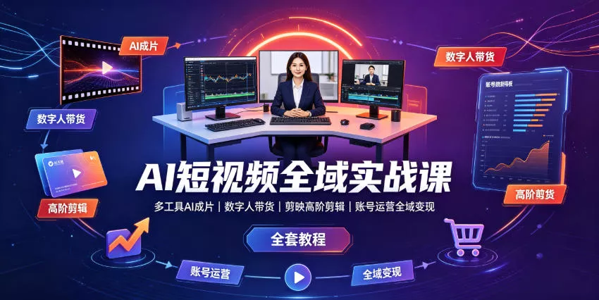 AI短视频全域实战课｜多工具AI成片、数字人带货、剪映高阶剪辑、账号运营全域变现全套教程 一点学习助手-零基础自学教程-副业项目-兴趣学习-网盘拉新平台-英语启蒙项目资源网
