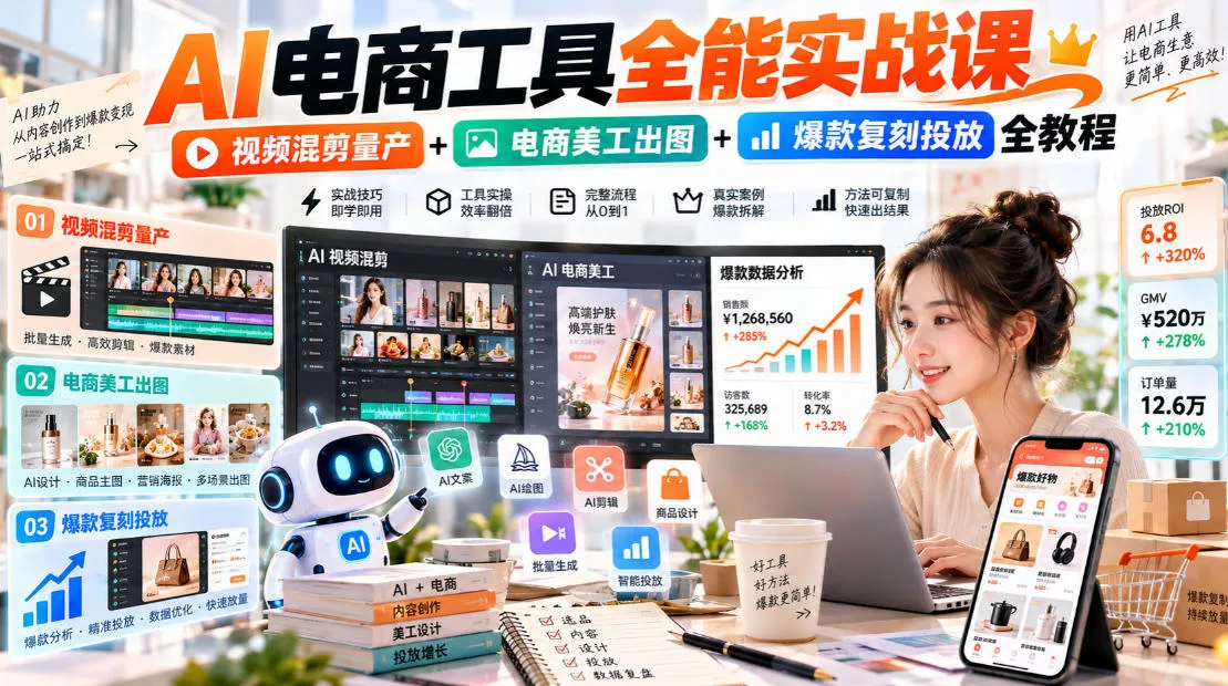 AI电商工具全能实战教学，视频混剪量产+电商美工出图+爆款复刻投放全教程 一点学习助手-零基础自学教程-副业项目-兴趣学习-网盘拉新平台-英语启蒙项目资源网