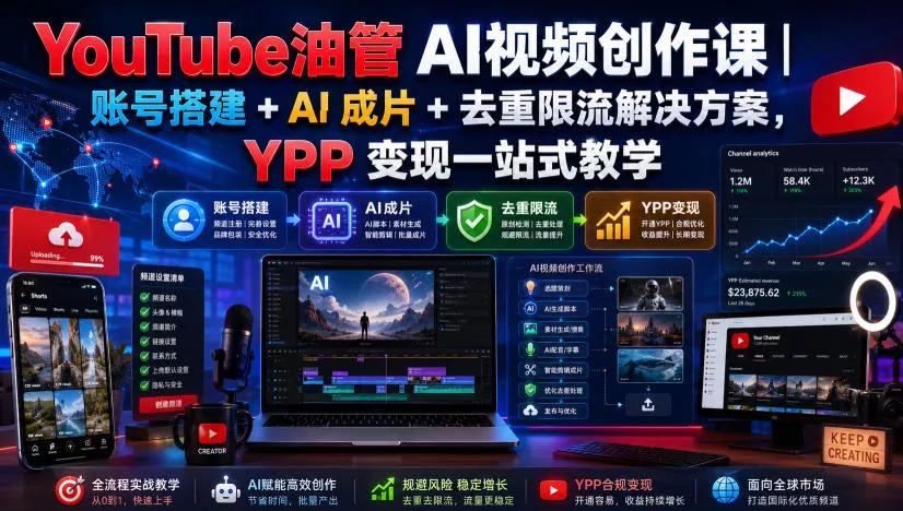YouTube油管AI视频创作课｜账号搭建+AI成片+去重限流解决方案，YPP变现一站式教学(更新0809) 一点学习助手-零基础自学教程-副业项目-兴趣学习-网盘拉新平台-英语启蒙项目资源网