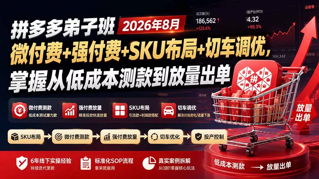 拼多多弟子班2026年8月：微付费+强付费+SKU布局+切车调优，掌握从低成本测款到放量出单 一点学习助手-零基础自学教程-副业项目-兴趣学习-网盘拉新平台-英语启蒙项目资源网