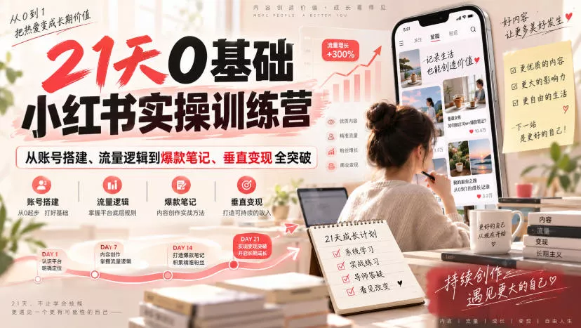 21天0基础小红书实操训练营｜从账号搭建、流量逻辑到爆款笔记、垂直变现全突破 一点学习助手-零基础自学教程-副业项目-兴趣学习-网盘拉新平台-英语启蒙项目资源网