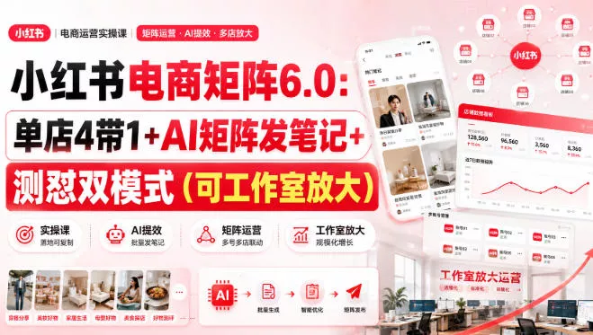 小红书电商矩阵6.0：单店4带1+AI矩阵发笔记+测怼双模式(可工作室放大) 一点学习助手-零基础自学教程-副业项目-兴趣学习-网盘拉新平台-英语启蒙项目资源网