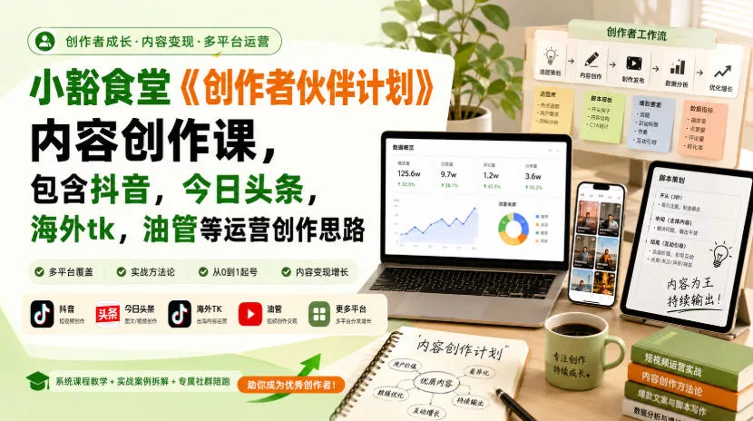 小豁食堂《创作者伙伴计划》内容创作课，包含抖音，今日头条，海外tk，油管等运营创作思路 一点学习助手-零基础自学教程-副业项目-兴趣学习-网盘拉新平台-英语启蒙项目资源网