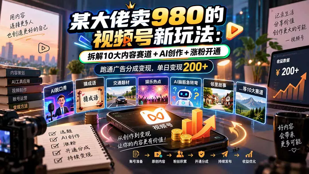 某大佬卖980的视频号新玩法：拆解10大内容赛道+AI创作+涨粉开通，跑通广告分成变现，单日变现200+ 一点学习助手-零基础自学教程-副业项目-兴趣学习-网盘拉新平台-英语启蒙项目资源网