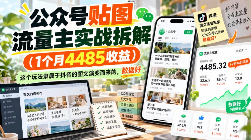 公众号贴图流量主实战拆解(1个月4485收益)，这个玩法隶属于抖音的图文演变而来的，数据好 一点学习助手-零基础自学教程-副业项目-兴趣学习-网盘拉新平台-英语启蒙项目资源网
