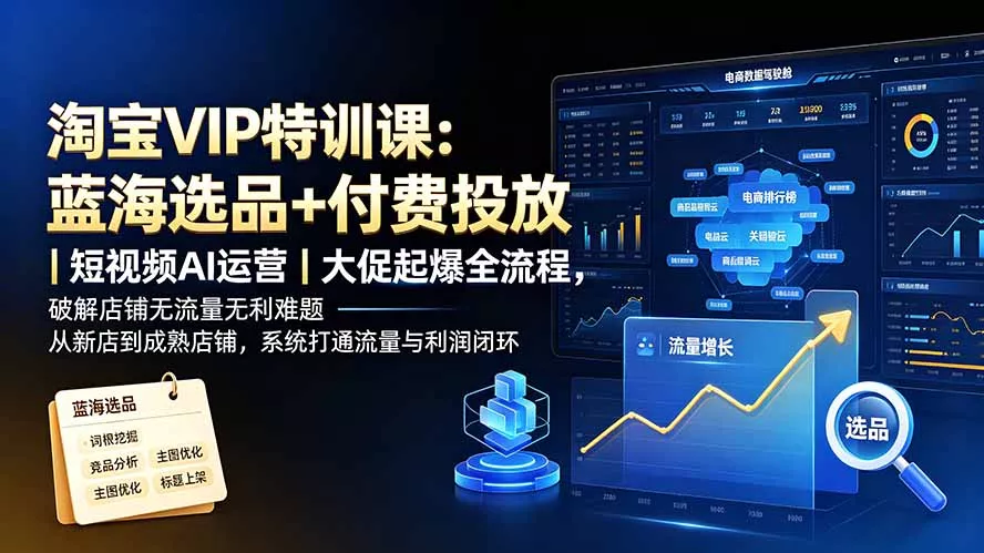 淘宝VIP特训课：蓝海选品+付费投放｜短视频AI运营｜大促起爆全流程，破解店铺无流量无利润难题 一点学习助手-零基础自学教程-副业项目-兴趣学习-网盘拉新平台-英语启蒙项目资源网