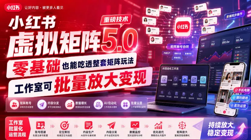 小红书虚拟矩阵5.0重磅技术，零基础也能吃透整套矩阵玩法，工作室可批量放大变现 一点学习助手-零基础自学教程-副业项目-兴趣学习-网盘拉新平台-英语启蒙项目资源网