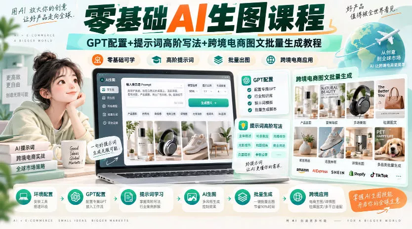 零基础AI生图课程，GPT配置+提示词高阶写法+跨境电商图文批量生成教程 一点学习助手-零基础自学教程-副业项目-兴趣学习-网盘拉新平台-英语启蒙项目资源网